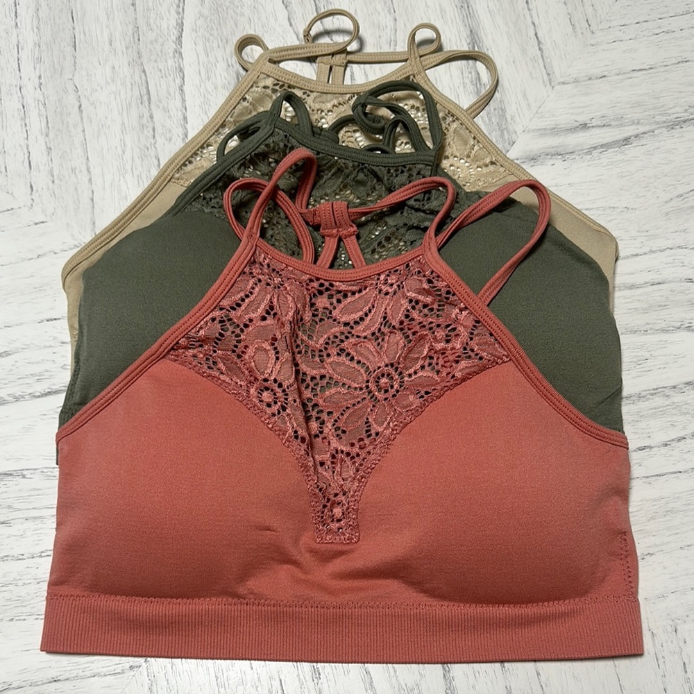 Zenana Outfitters Lace Bralette Trio - Beige, Olive, and Rust